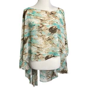 Look Women's Poncho Wrap‎ Teal Tan Boat Neck Pullover OS